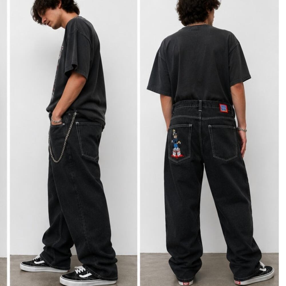Empyre Black Baggy Skate Jeans Size 28 Y2K Wide Leg Embroidered Wolf Denim
